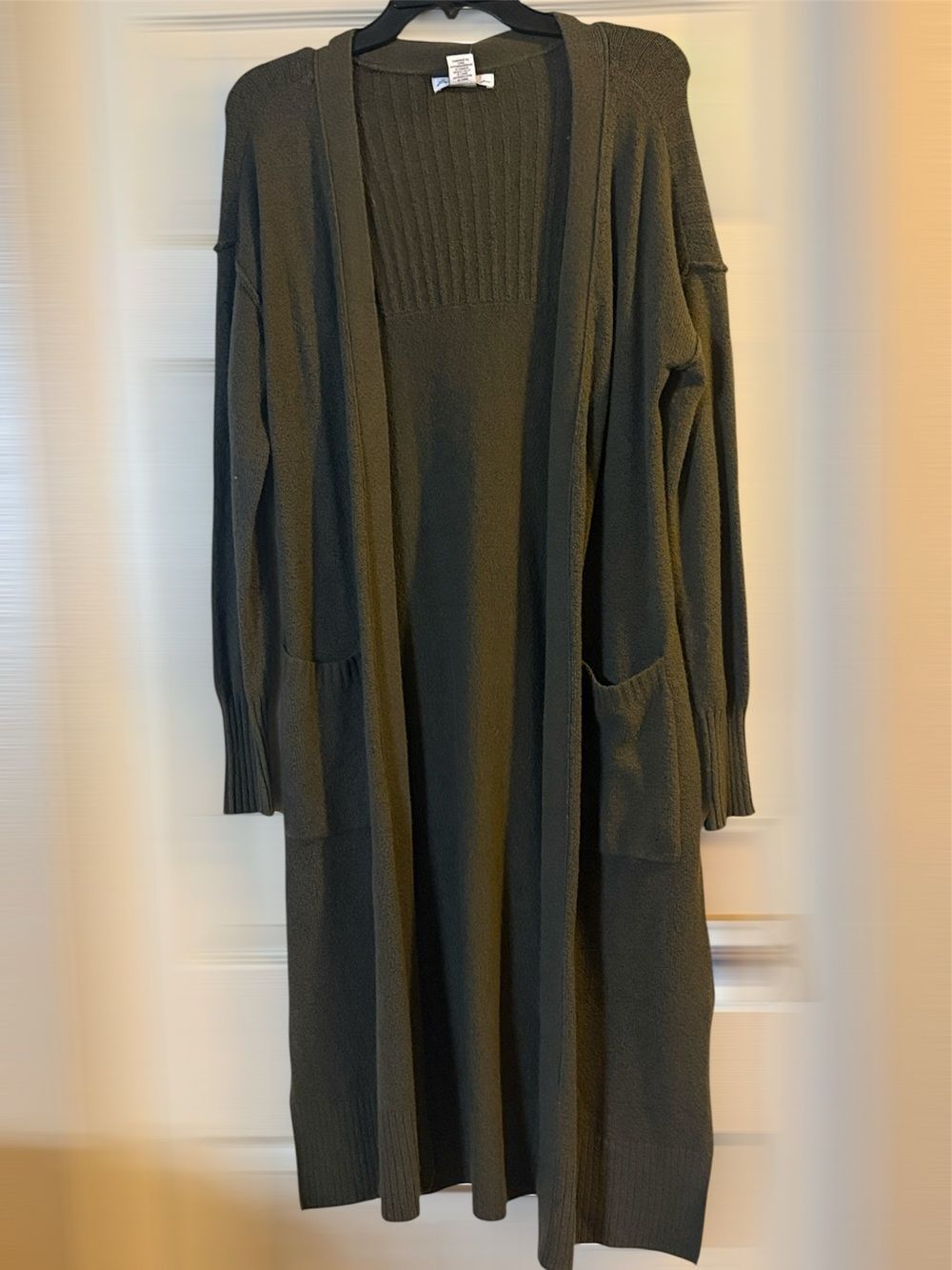 London Kaye Long Hooded Open Cardigan in Olive!